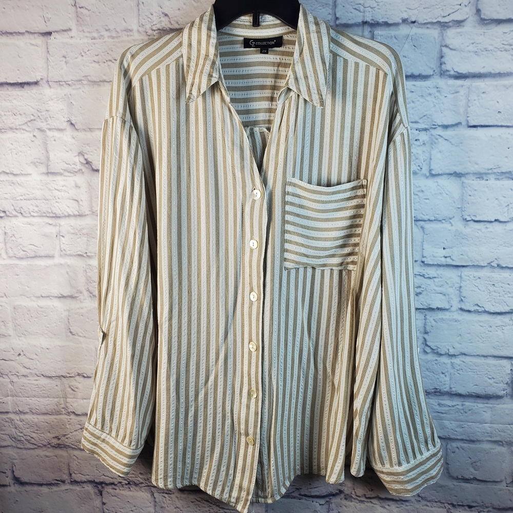 CZ Collection Striped Casual Button Down Roll Sleeve Shirt, 2X, White & …